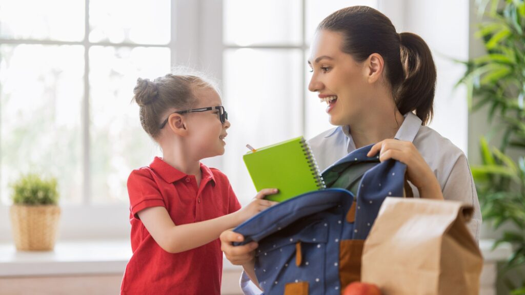 mother and daughter getting ready for school