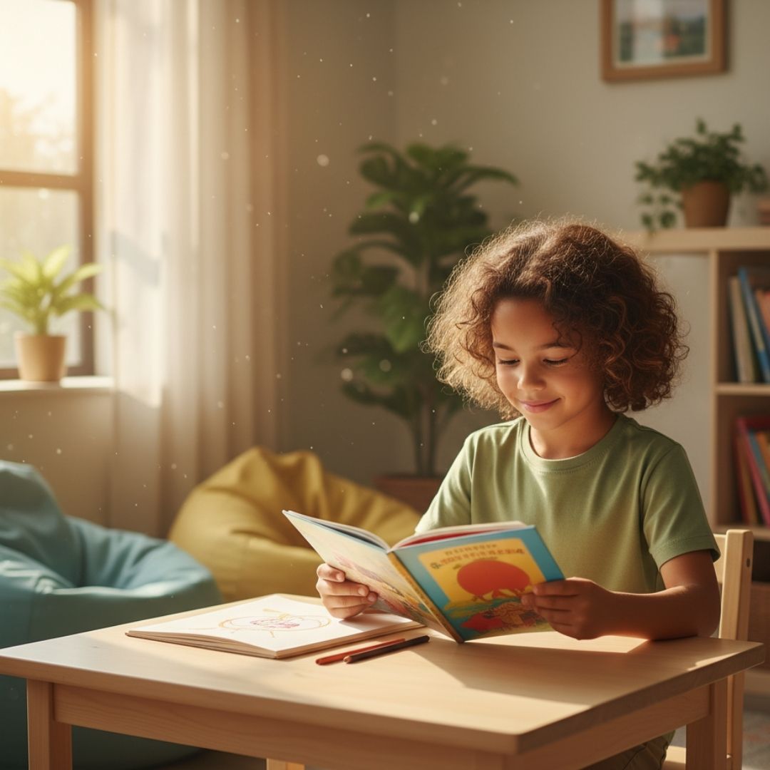 Child reading quietly in a comfortable before-school program environment