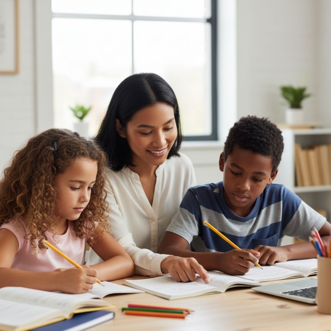 Adult staff helping multiracial children with their homework after school