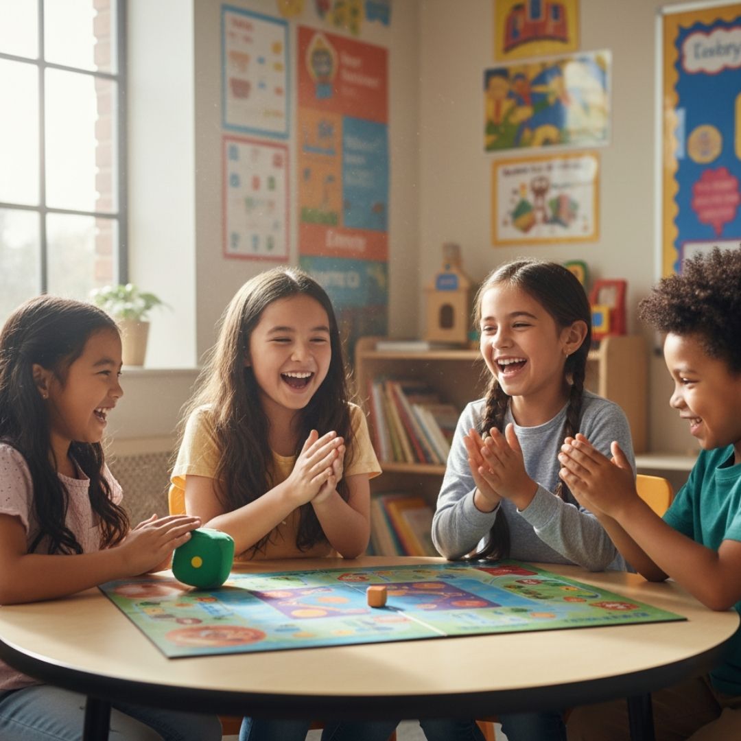 Diverse group of children engaged in active, joyful group play