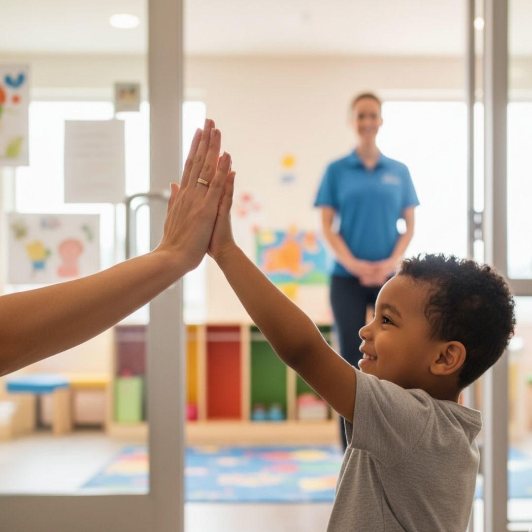 Parent giving their child a high-five at the childcare facility entrance