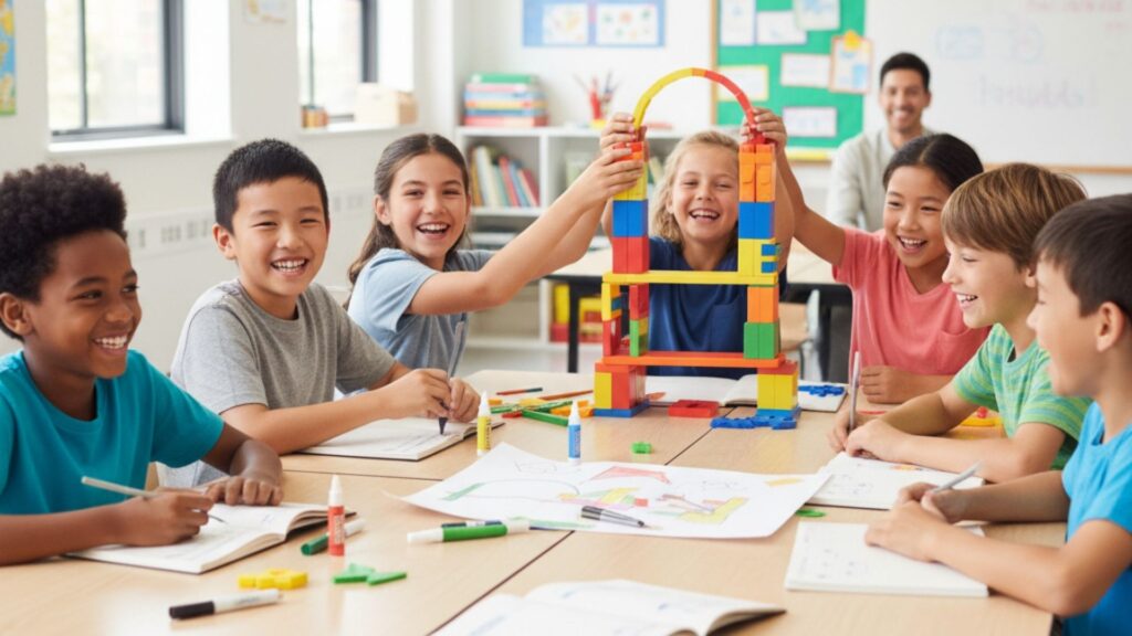 Multicultural children working together on an after-school project